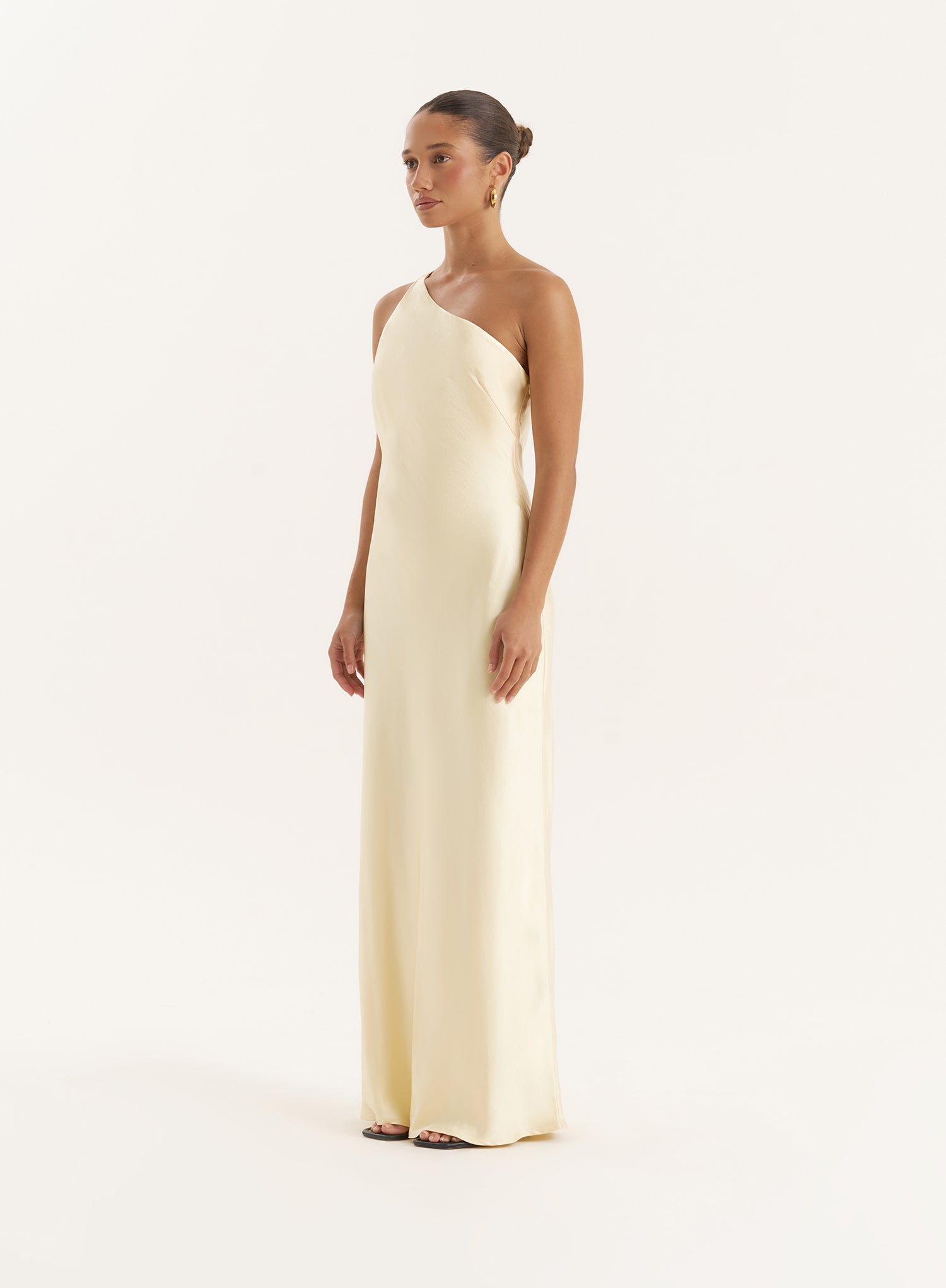 Lemon Satin One Shoulder Maxi Dress